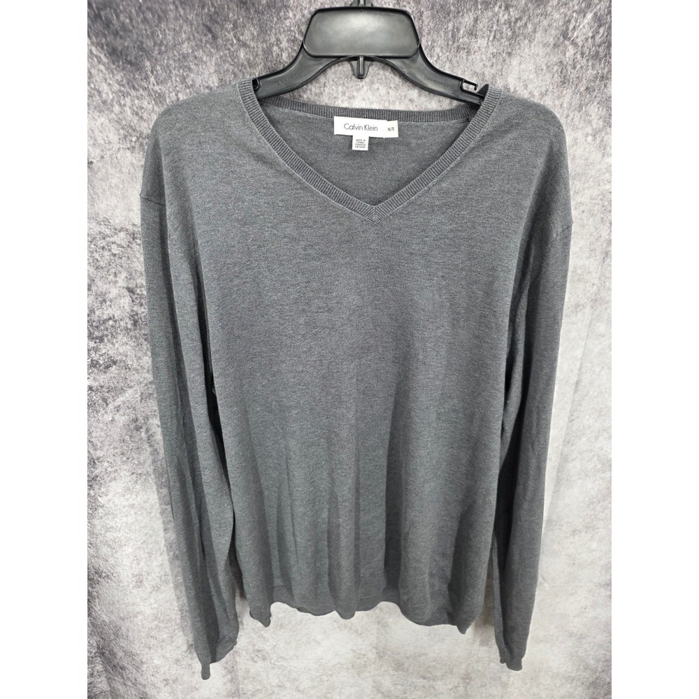 Calvin Klein Sweater Mens XL Gray V Neck Knit Long Sleeve Minimalist Silk Blend
